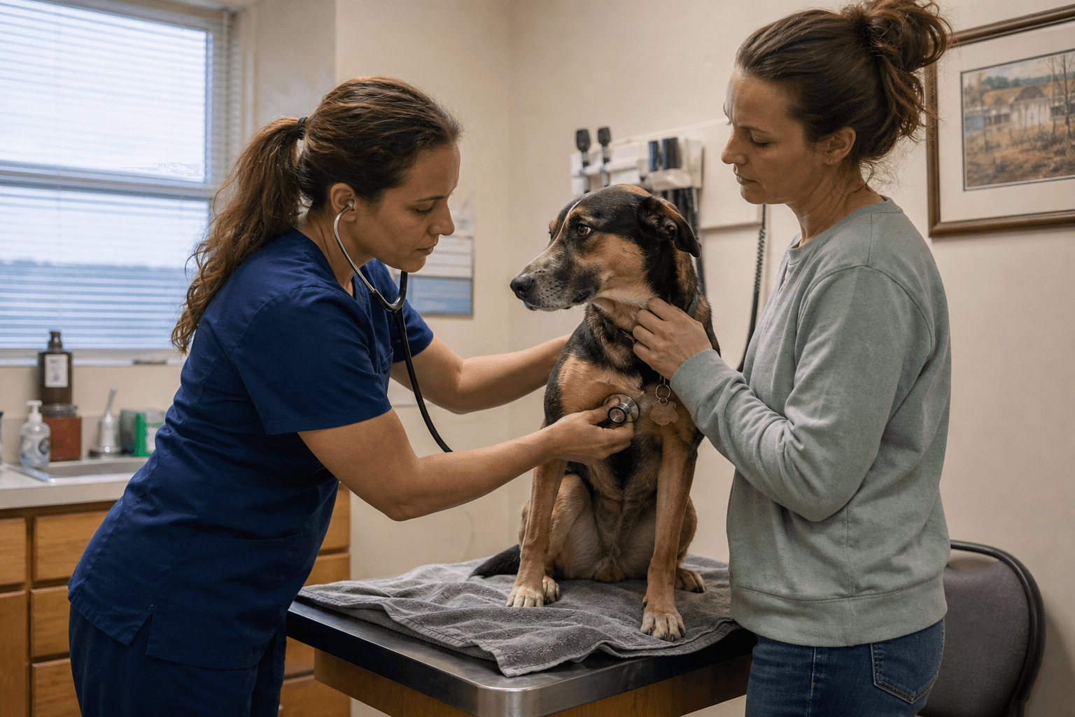 A veterinarian examining a mixed-breed dog with its owner