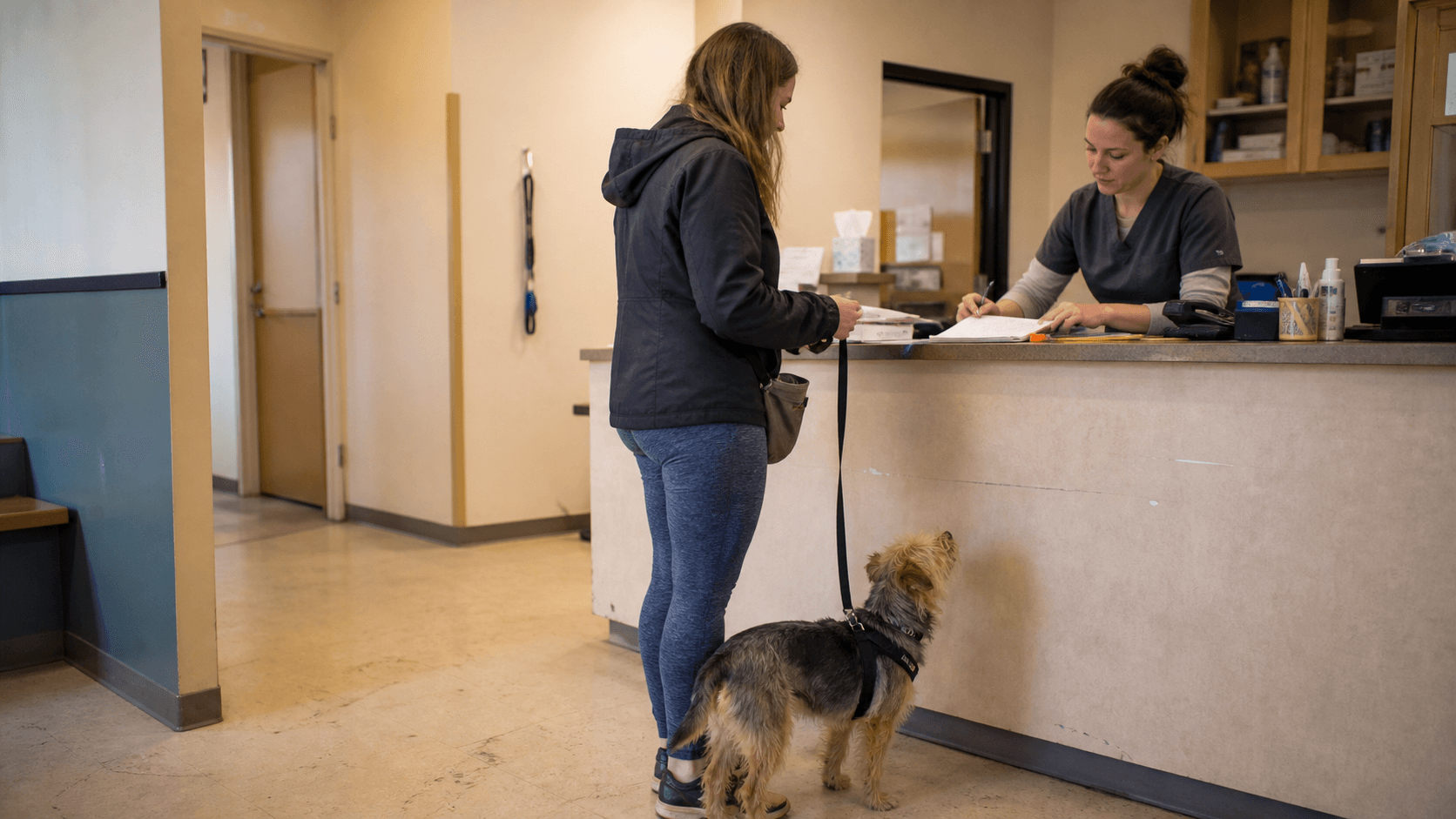 A pet owner checking in with her dog at a neighborhood veterinary clinic
