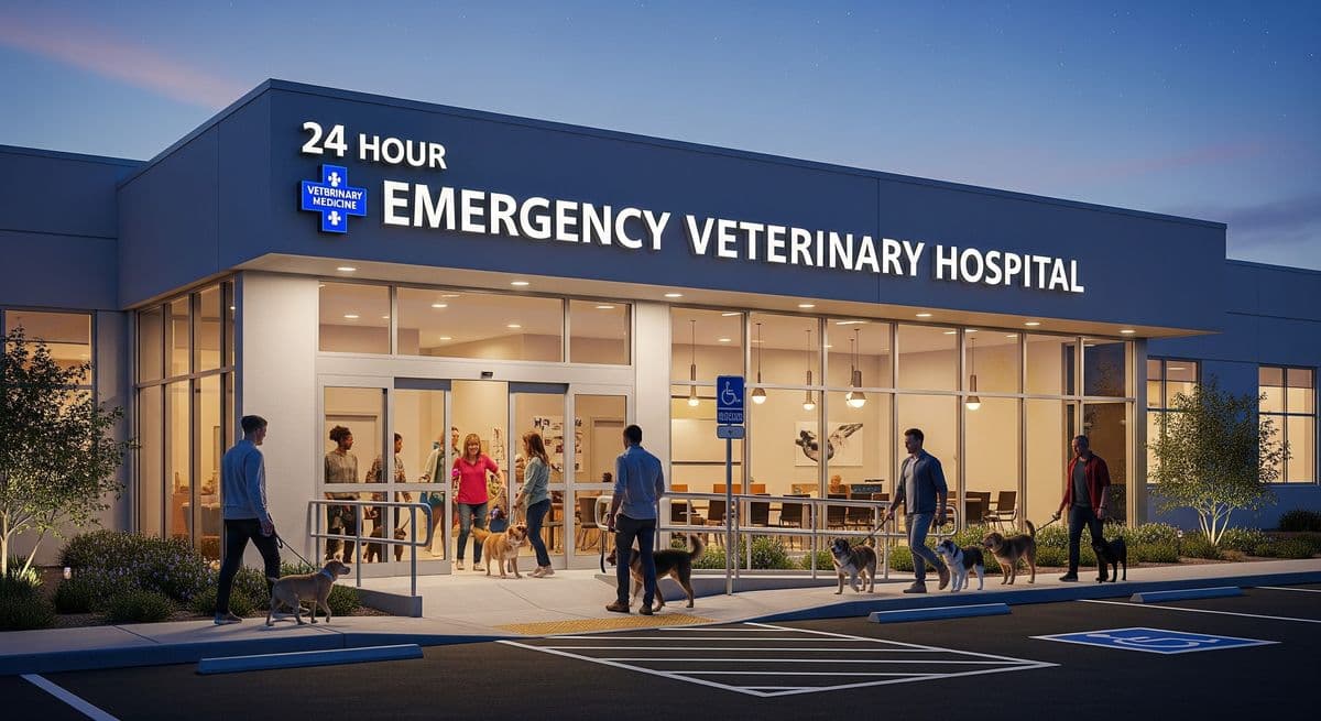 A sleek, modern, and accessible 24-hour Emergency Room (ER) veterinary hospital. The exterior features large glass windows and clean, contemporary architecture, conveying trust and reliability for pet owners bringing their dogs for urgent care. 