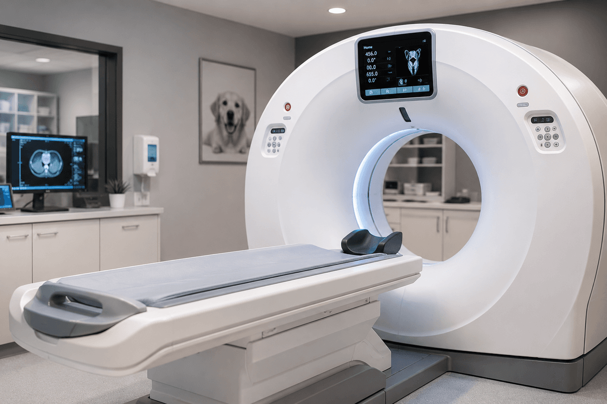 An CT scanner within a veterinary hospital