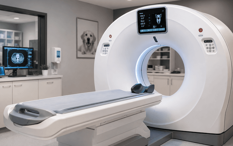 An CT scanner within a veterinary hospital