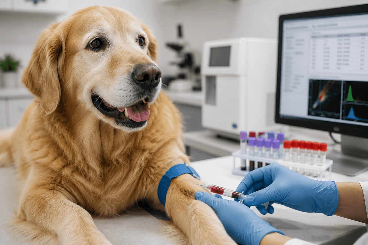 The golden retriever gets a blood draw to screen for cancer. 