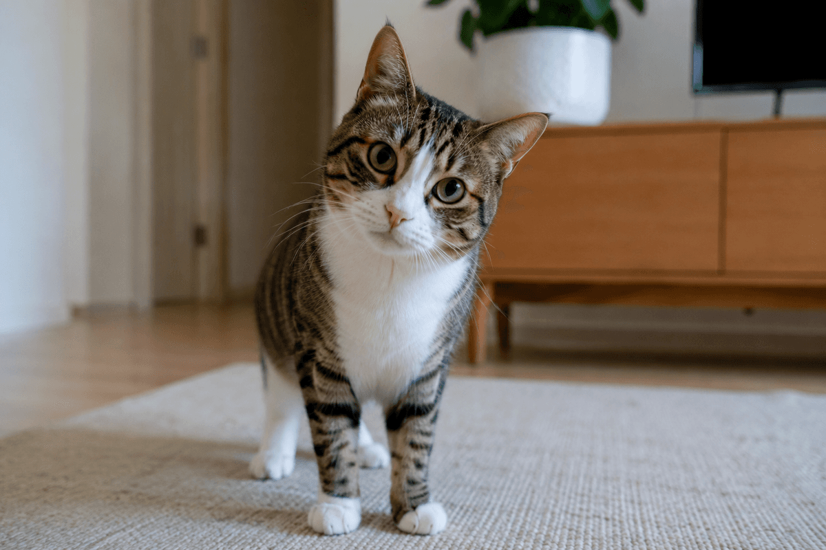 A cat indoors looks quizzically at the camera. 