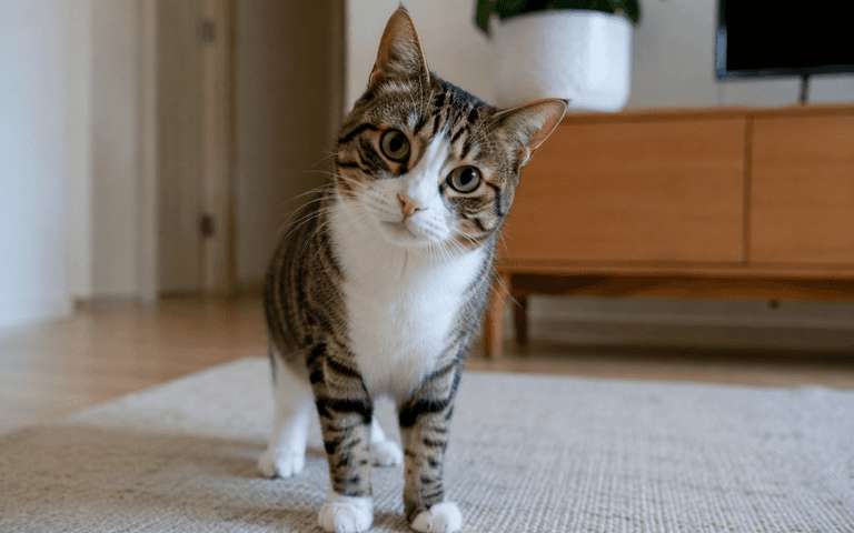 A cat indoors looks quizzically at the camera. 