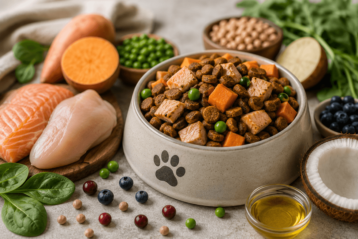 Grain-free dog food with sweet potato and salmon mixed in 