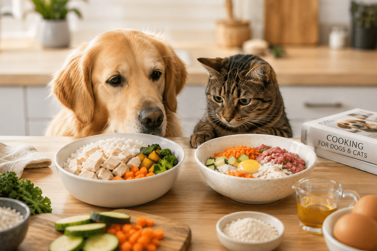 A dog and cat look at bowls of homemade food on the counter. 