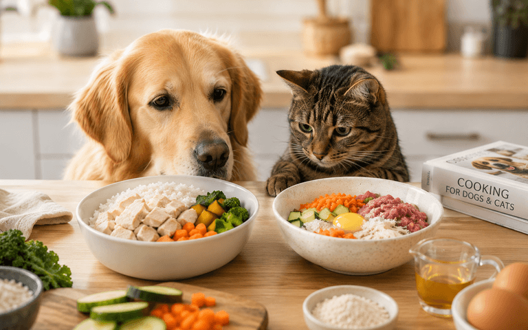 A dog and cat look at bowls of homemade food on the counter.