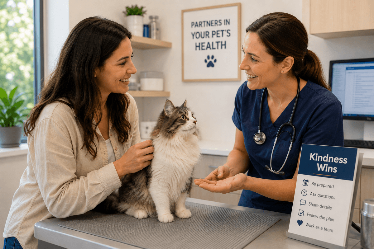 A pet owner and their cat listen to a veterinarian explain care options in a well-lit exam room. 