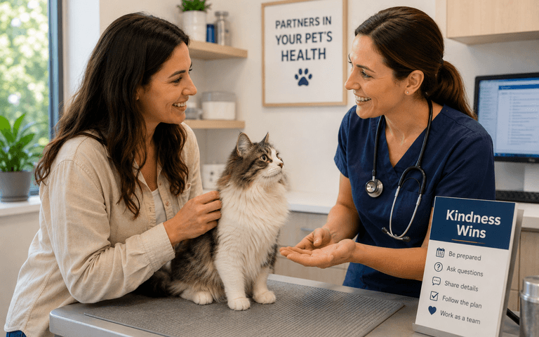 A pet owner and their cat listen to a veterinarian explain care options in a well-lit exam room. 
