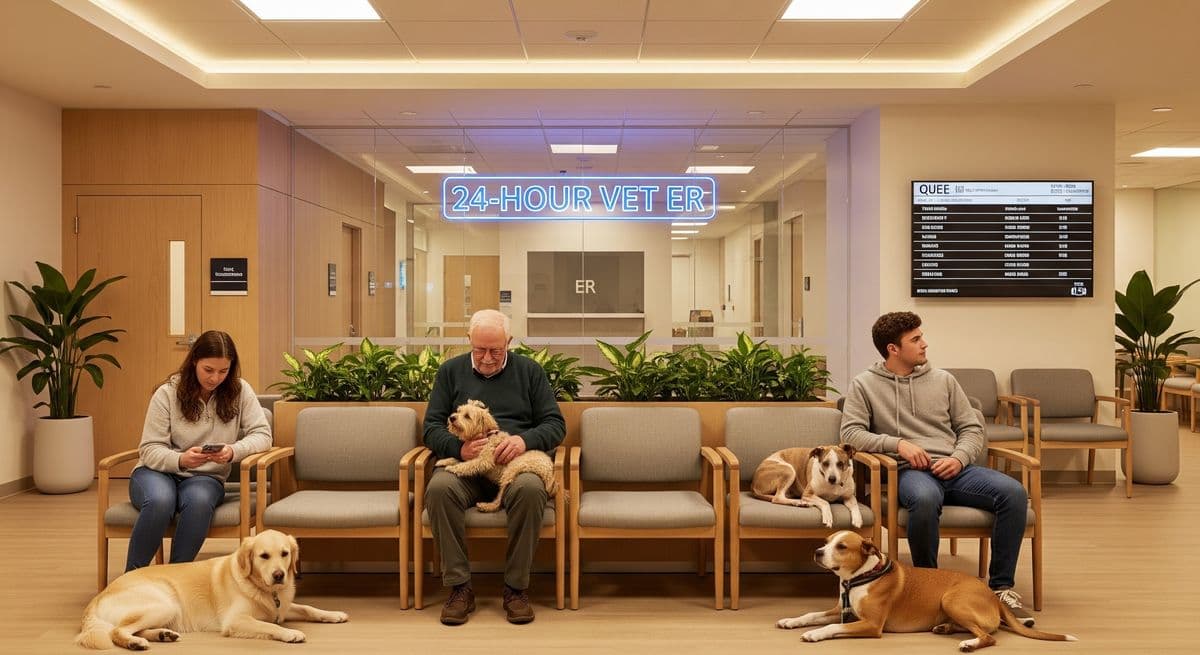 A modern, well-lit, and inviting 24-hour veterinary hospital waiting room with a visible Emergency Room (ER) entrance. Three owners are seated with their dogs of different breeds.
