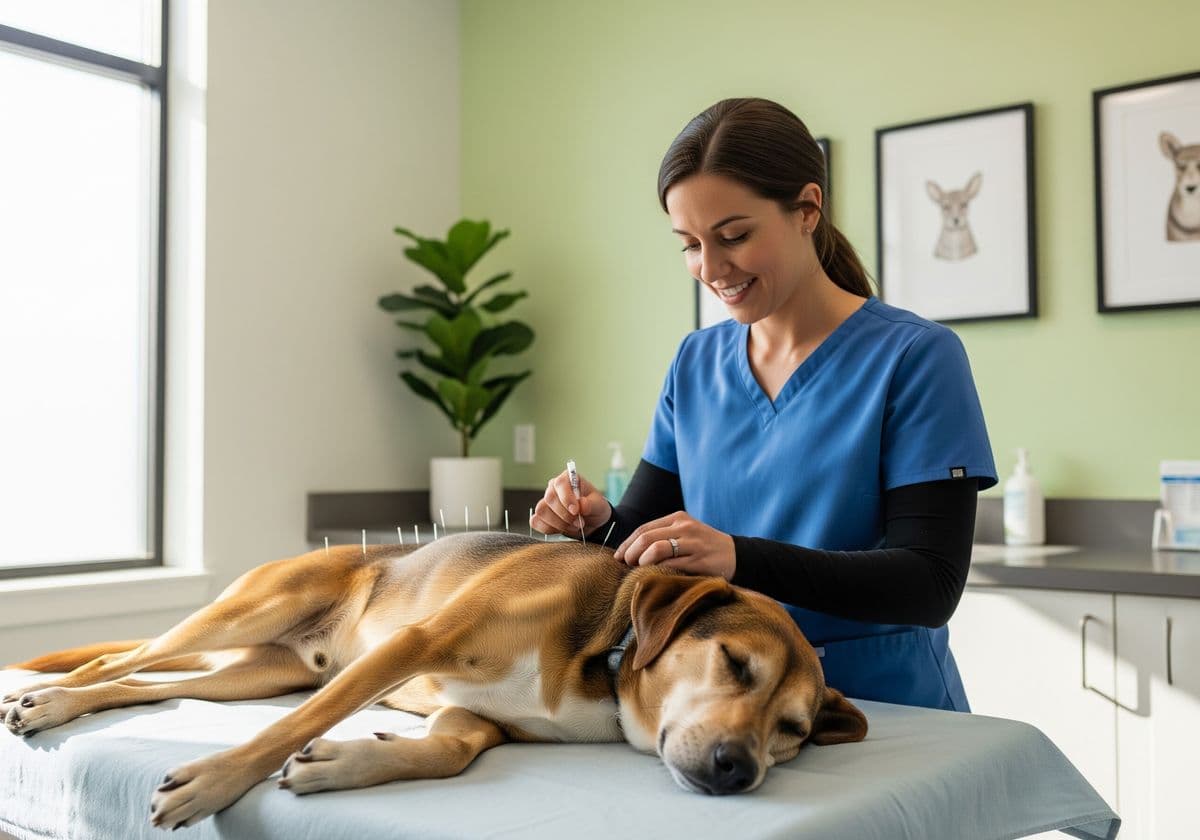 A photograph of a veterinarian gently performing acupuncture on a relaxed dog, with fine needles placed along its back, in a well-lit, modern, and inviting clinical setting.