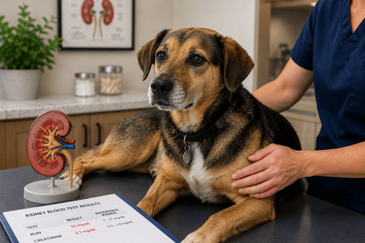 A veterinarian examines a dog on an exam table, going over kidney value lab results. 