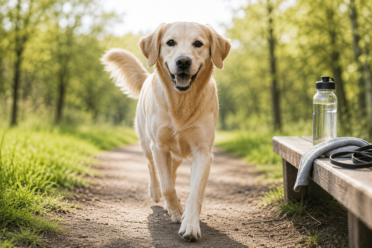 A happy older golden retriever going for a walk on a trail 