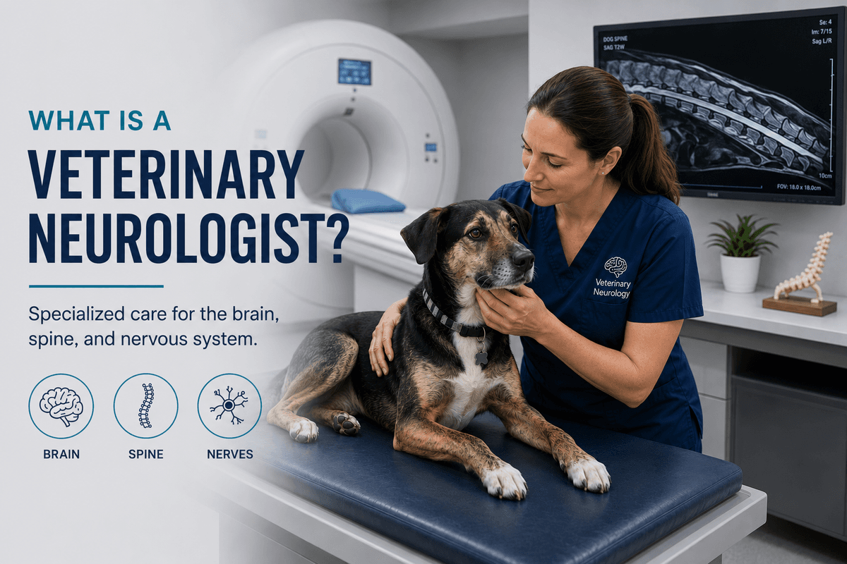 A veterinary neurologist examines a dog on a table in front of an MRI. 