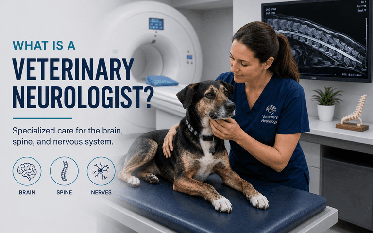 A veterinary neurologist examines a dog on a table in front of an MRI.