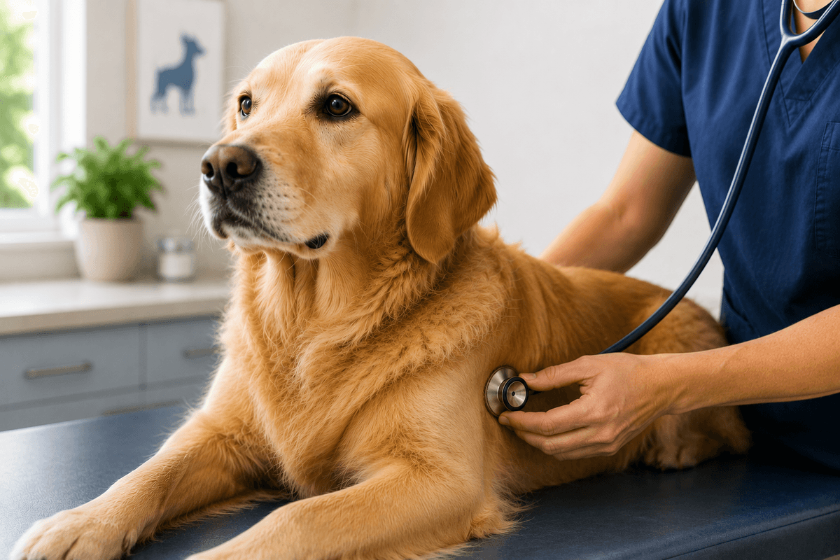 The veterinarian listens to a heart on an older golden retriever on a hospital exam table. 