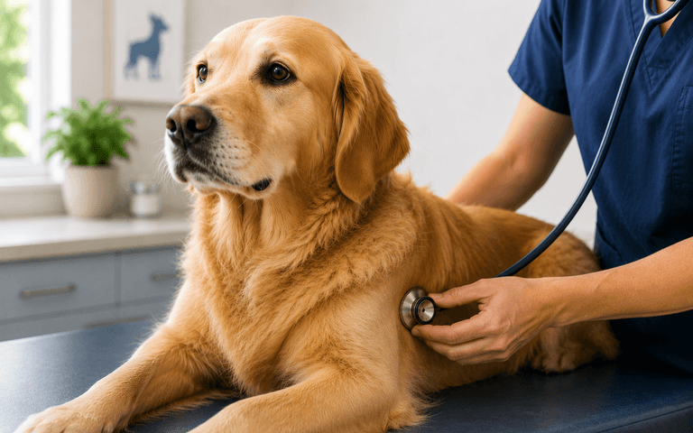 The veterinarian listens to a heart on an older golden retriever on a hospital exam table.