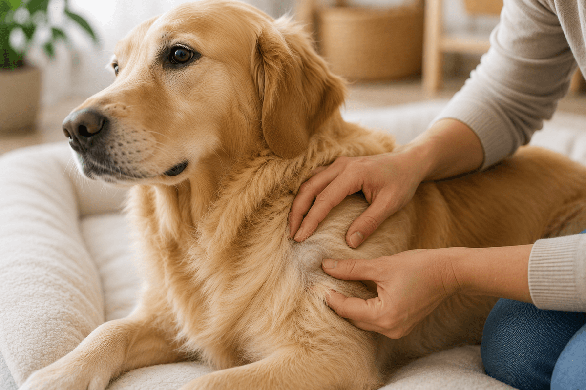 An owner examines a new lump on their dog's shoulder. 
