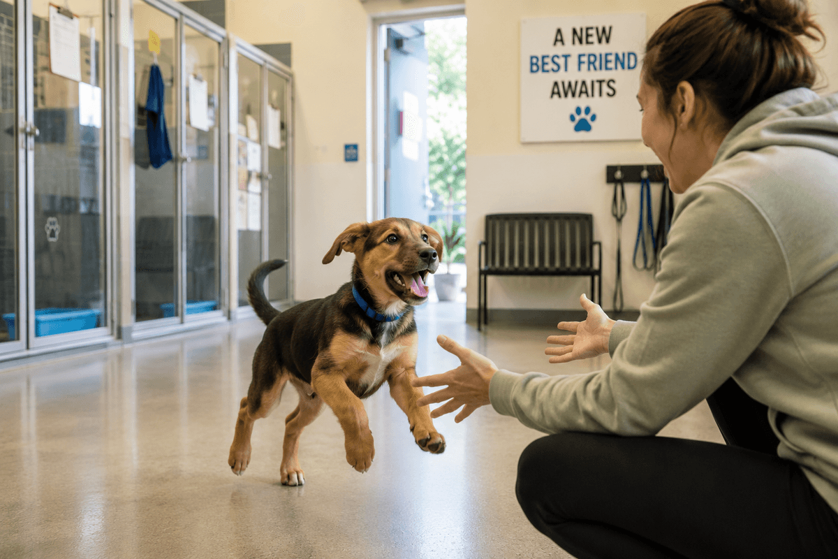 An owner greets their new puppy just adopted from a local shelter. 