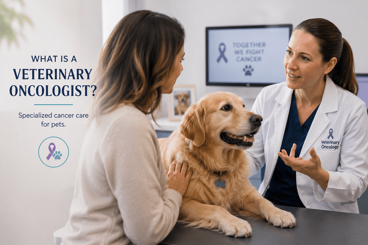 A veterinary oncologist explaining chemotherapy options to a pet owner of a golden retriever 