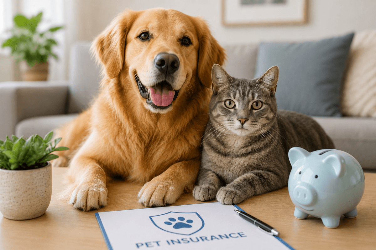 A dog and cat sitting on a couch next to a pet insurance pamphlet 