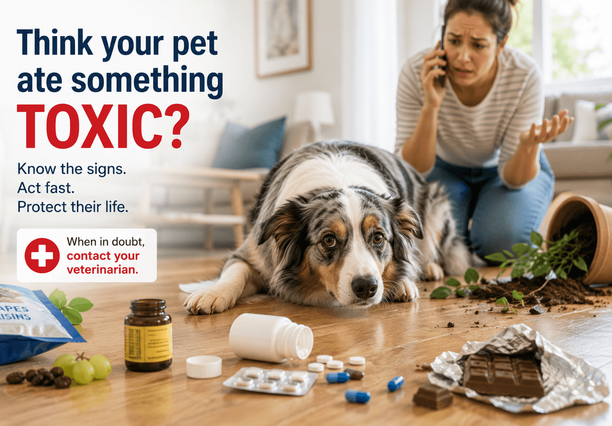 A dog who has just eaten some owner's medications and toxic items while the owner calls poison control in the background 