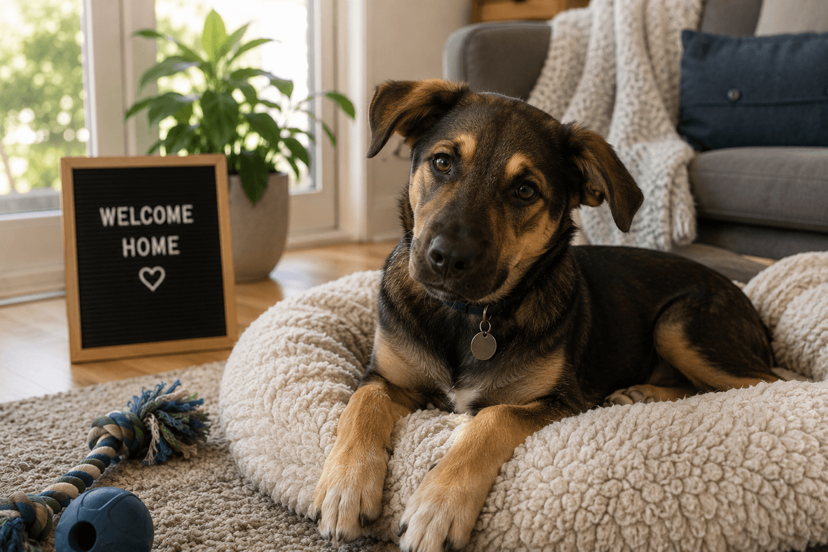 A newly adopted dog sits at home on its dog bed in a comfortable living room. 