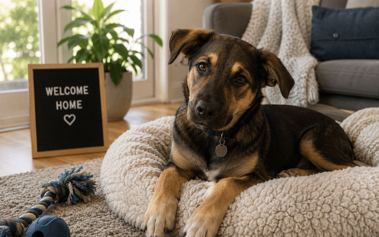 A newly adopted dog sits at home on its dog bed in a comfortable living room.