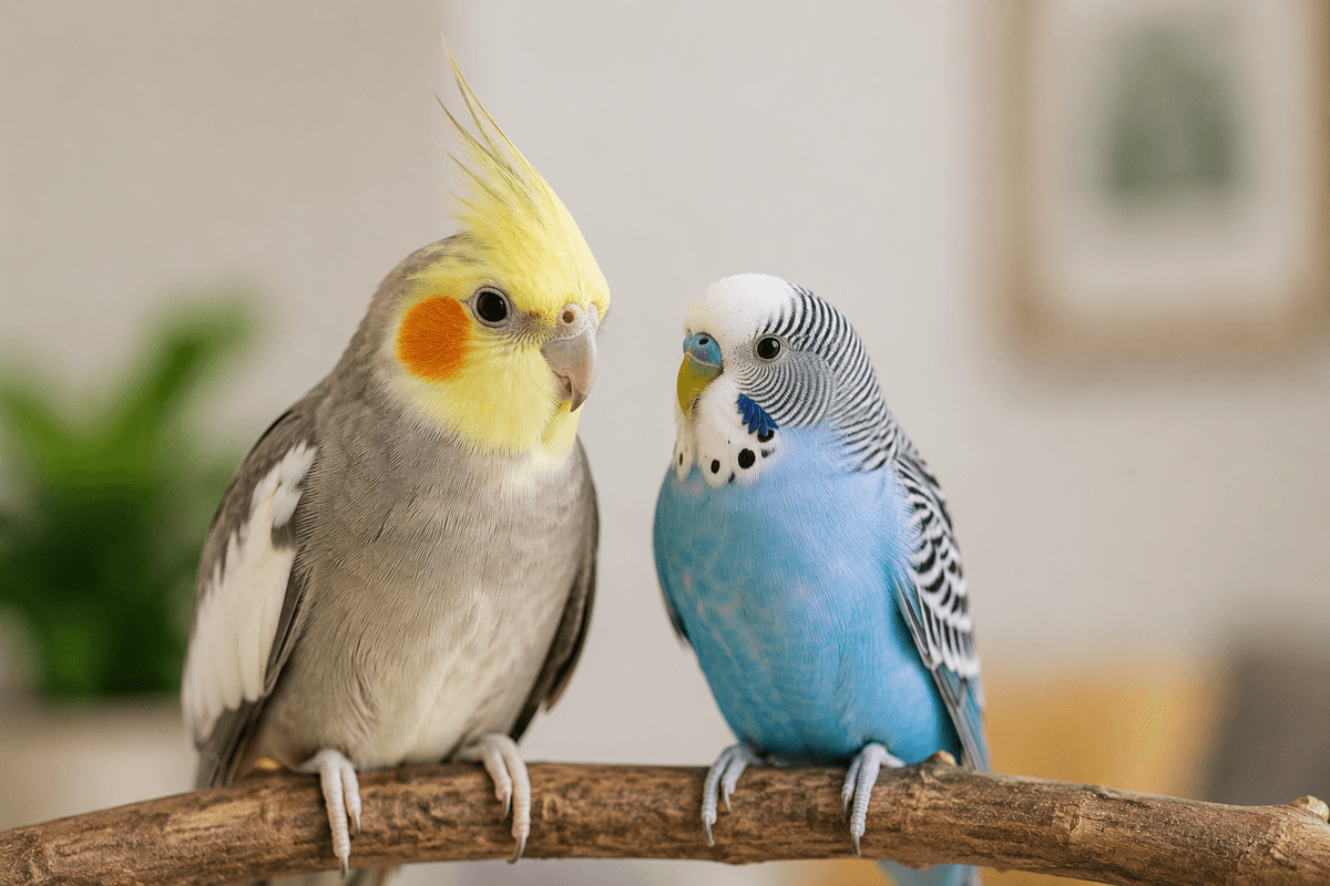 Cockatiel and budgie on a branch 