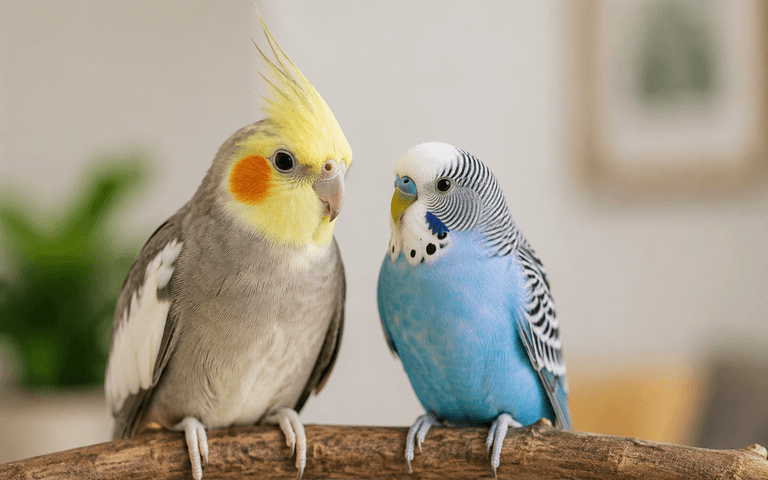 Cockatiel and budgie on a branch 