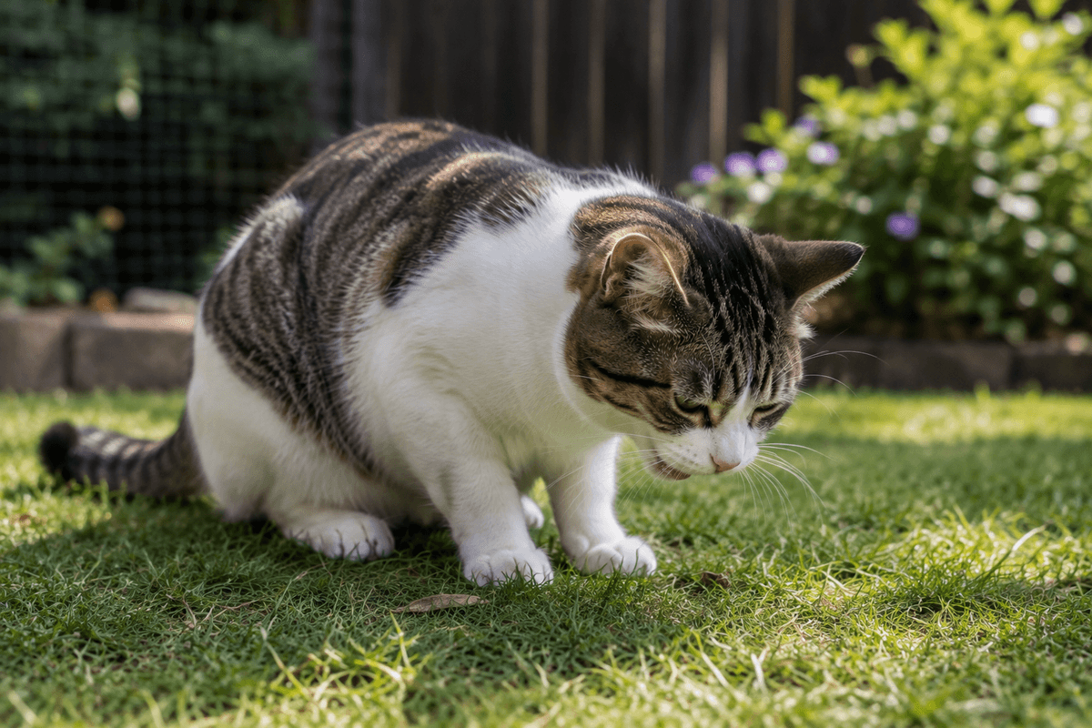 A cat in the backyard on a lawn about to vomit 