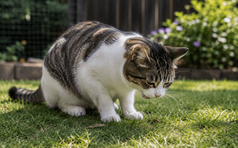 A cat in the backyard on a lawn about to vomit