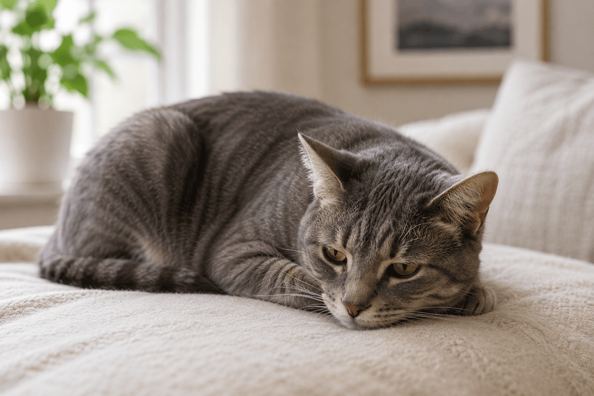 A cat rests comfortably on a sofa. 