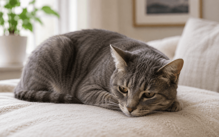 A cat rests comfortably on a sofa. 