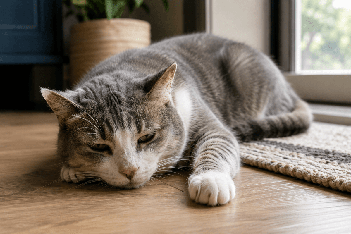 A cat lazily lies on the floor of a sunlit room. 
