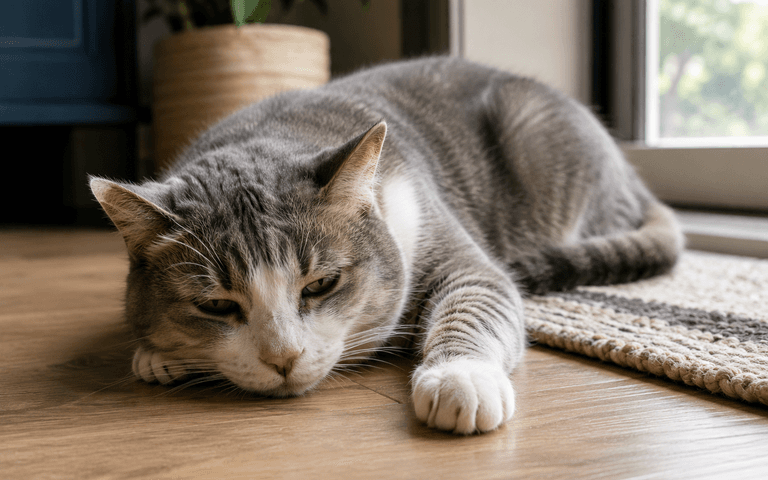 A cat lazily lies on the floor of a sunlit room.