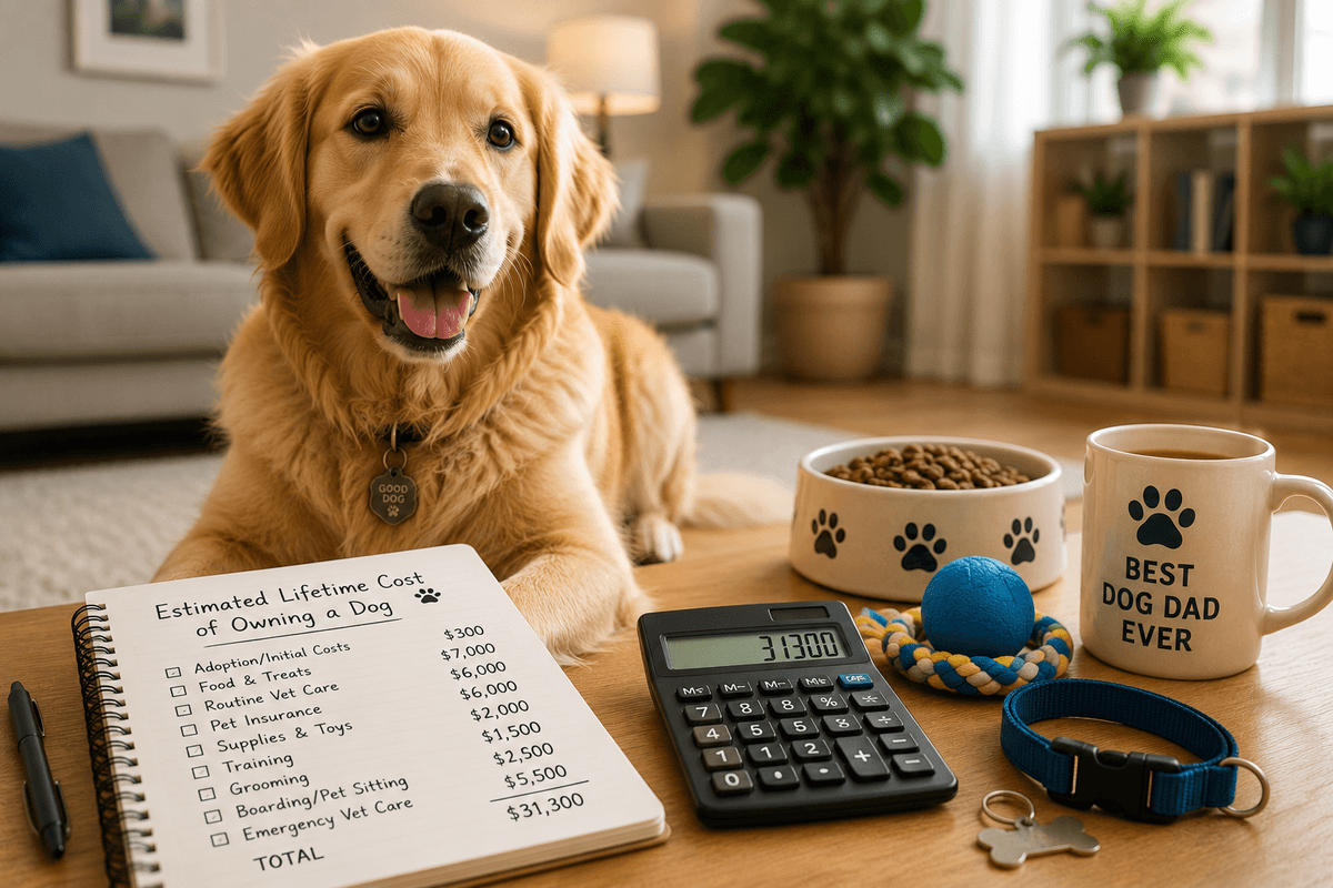 A happy golden retriever sits next to a calculator and a budget list. 