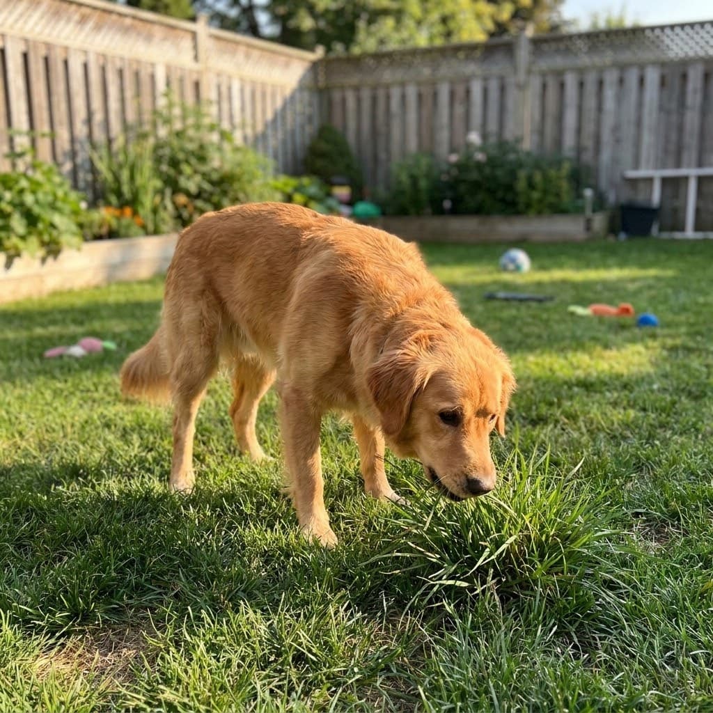 A compassionate, long-haired Golden Retriever tag stands in a well-maintained backyard, grazing naturally on tall, healthy green grass. In the background, a wooden privacy fence bordered by a garden and scattered toys.