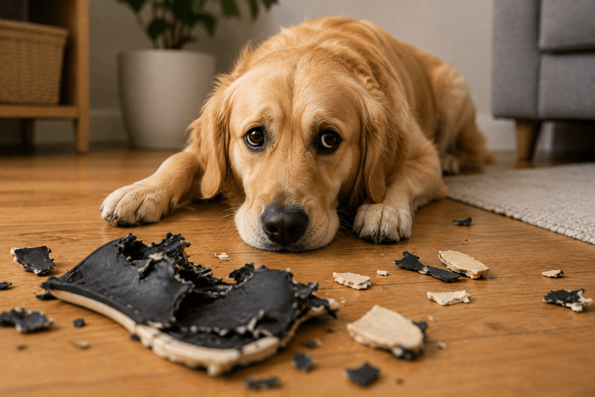 A guilty-looking golden retriever sits behind a shoe that it just ate. 