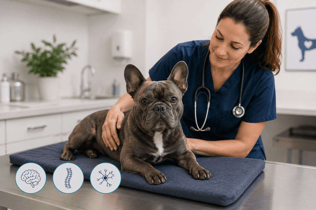 A veterinarian examines a French bulldog on an exam table prior to a spay appointment. 