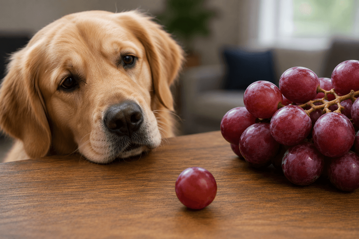A golden retriever looks at a bunch of grapes on a table. 