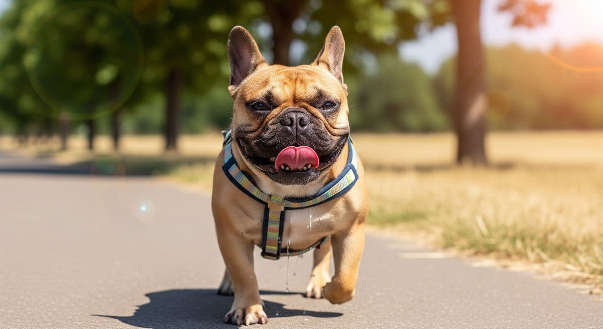 Image of a French bulldog, a high-risk brachycephalic breed, panting heavily while exercising on a hot summer day, illustrating the danger of exertional heatstroke.