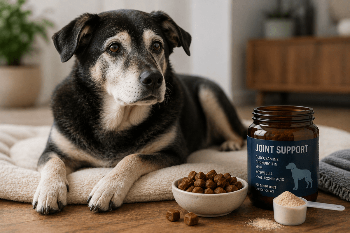 A senior dog lies in bed next to a bottle of joint supplements. 