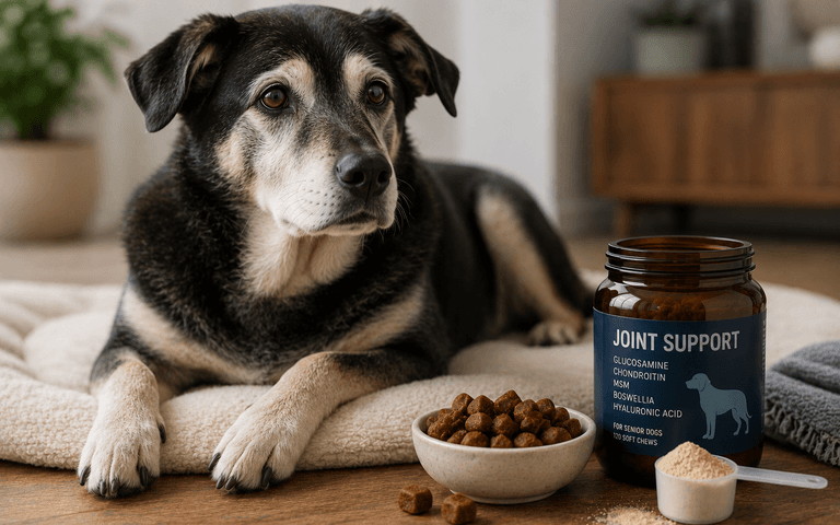 A senior dog lies in bed next to a bottle of joint supplements.