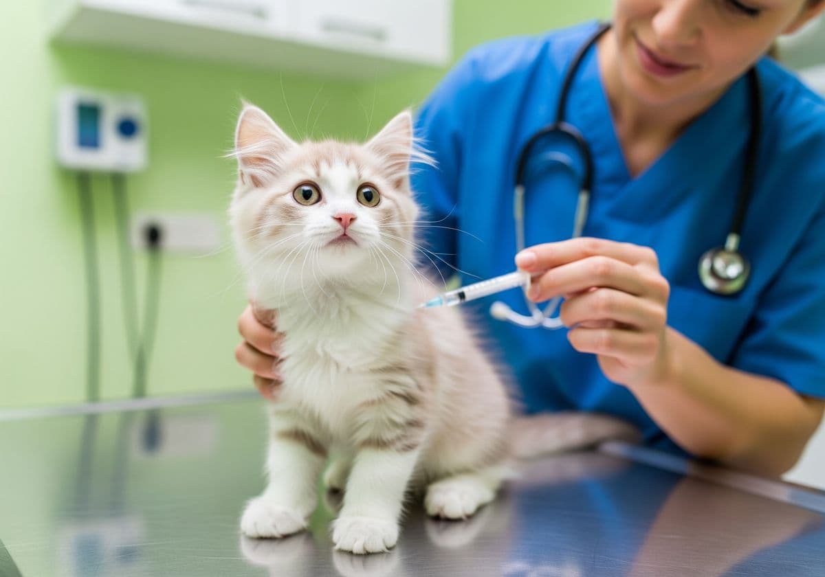 A close-up shot of a small, cute kitten sitting calmly on a stainless steel examination table in a veterinarian's office. A veterinarian, wearing scrubs, is gently holding the kitten and performing an examination. The scene is bright, focusing on the moment of preventive care, with no medical instruments visible.