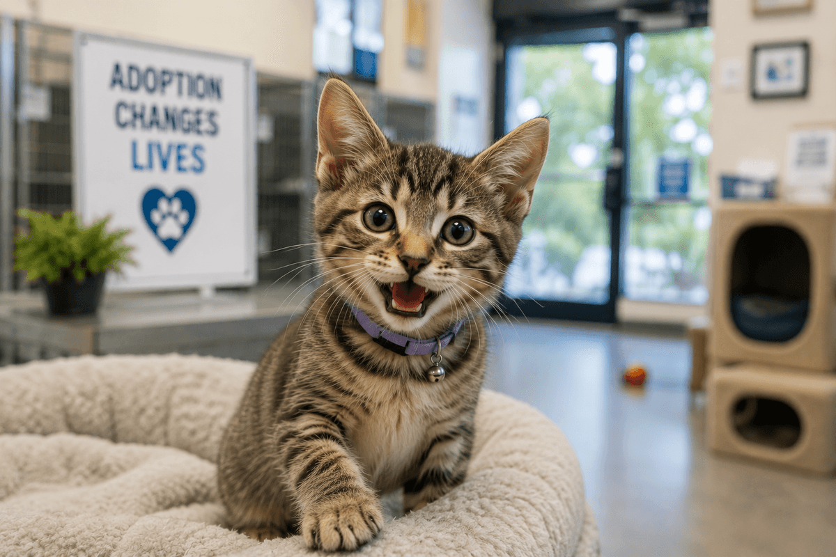 A kitten who has just been adopted at the shelter is ready for their new home. 