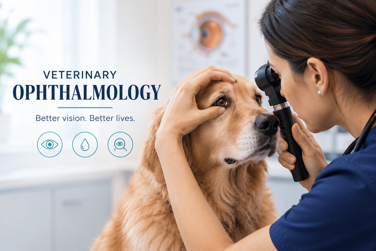 A veterinary ophthalmologist examining the eye of a golden retriever 