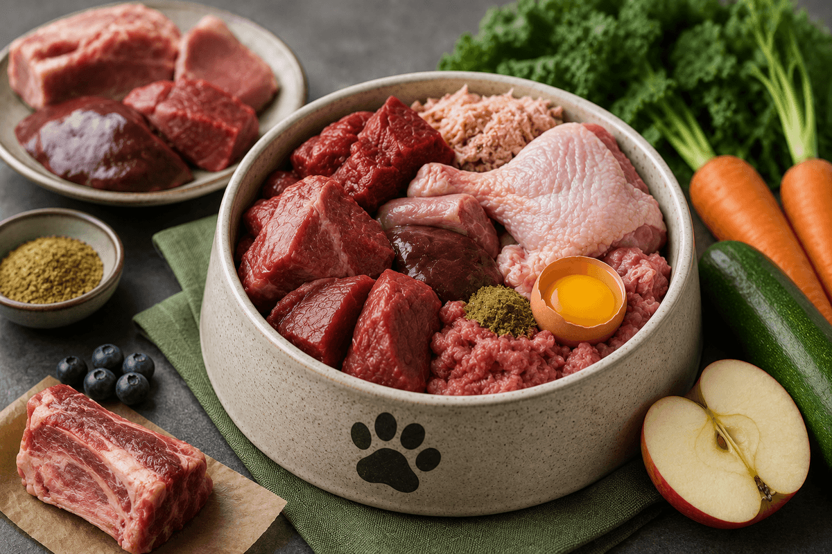 A bowl of raw dog food containing beef, chicken, egg, and some fruits 