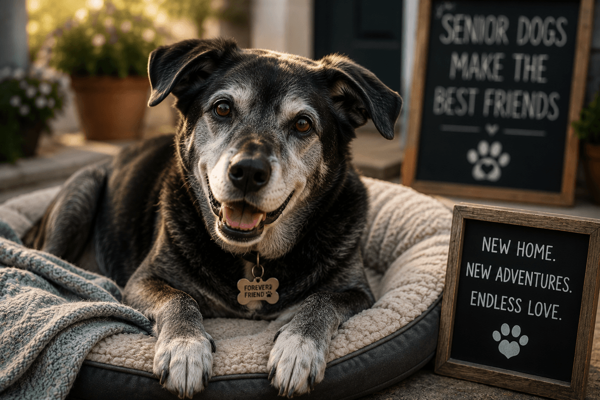 A senior dog laying on a sunny bed, waiting to be adopted 