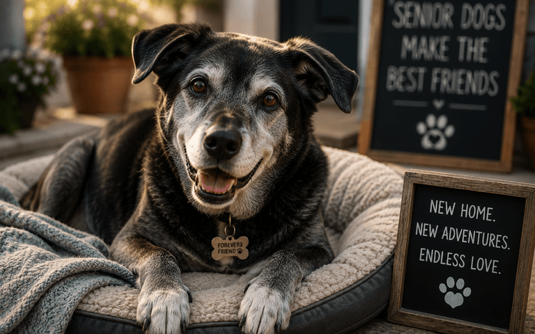 A senior dog laying on a sunny bed, waiting to be adopted 